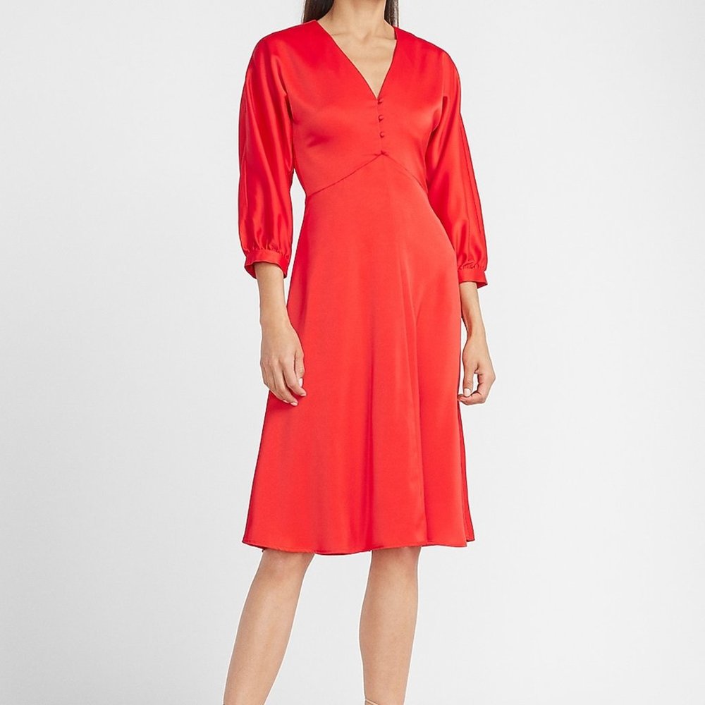 Exclusive Ladygang Red Satin Button-Front Midi Dress - New with Tags